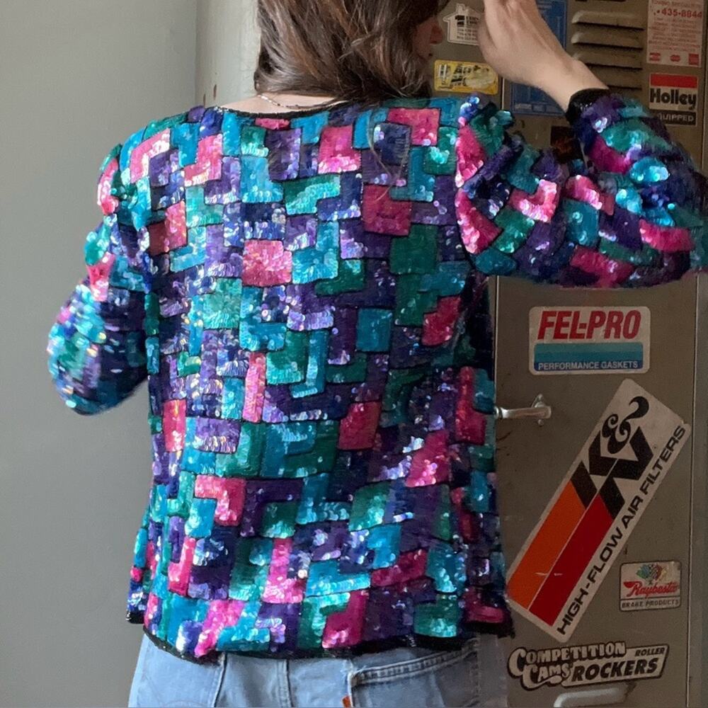 Vintage 80s Silk Sequin Jacket | Colorblock Sequin Blazer | Size M - Picture 3 of 5